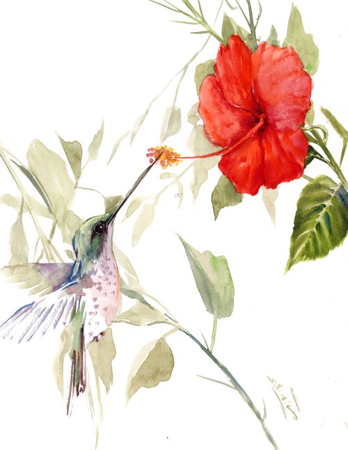 Hummingbird and HIbiscus Flower by Suren Nersisyan