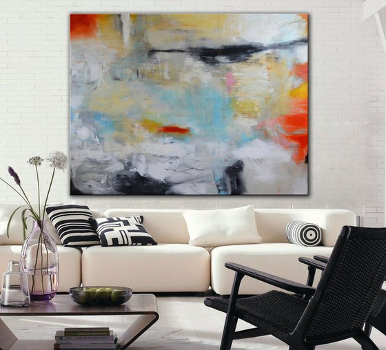 What Goes Around, Comes Around - large abstract painting with white, blue and orange - free shipping for rolled canvas
