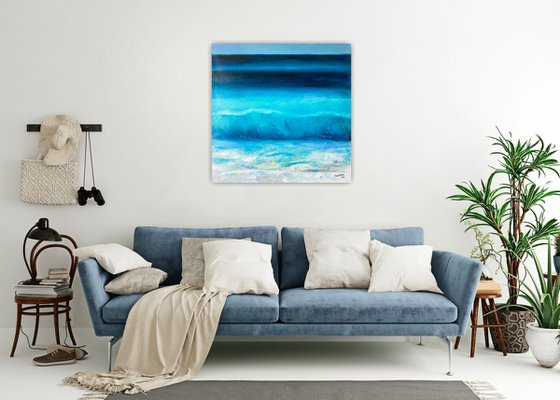 Sea. Blue and turquoise. 70x70 cm. Minimalistic large painting of the tropics and the beach.