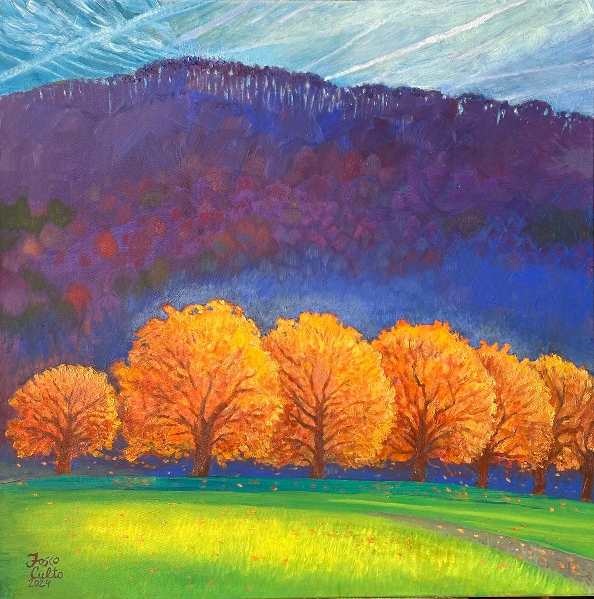 Impressionistic Landscape Oil Painting By Fosco Culto, 31 X 31, Sunny Autumn In Thuringen, Original Artwork