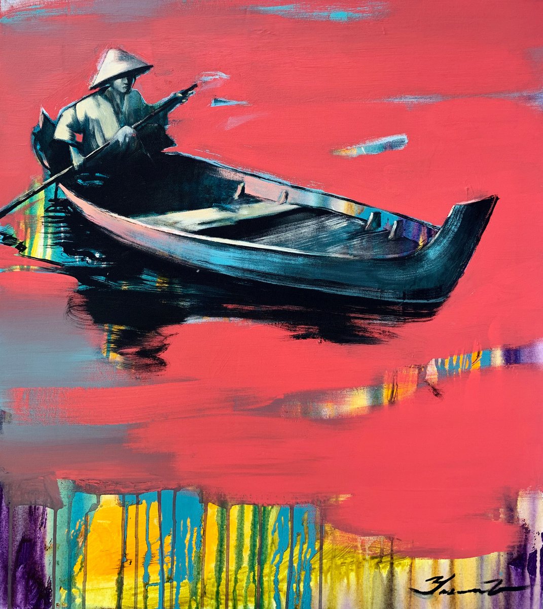 Urban And Pop Portrait Acrylic Painting By Yaroslav Yasenev, 28 X 31", Fisherman In Old Boat, Original Artwork