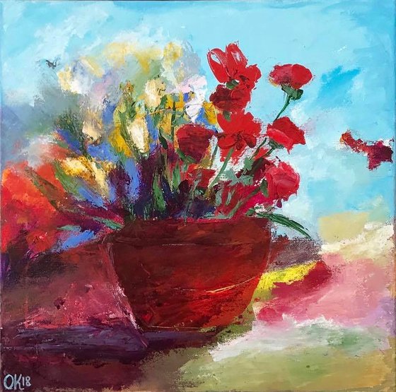 Flowers in a Red Vase