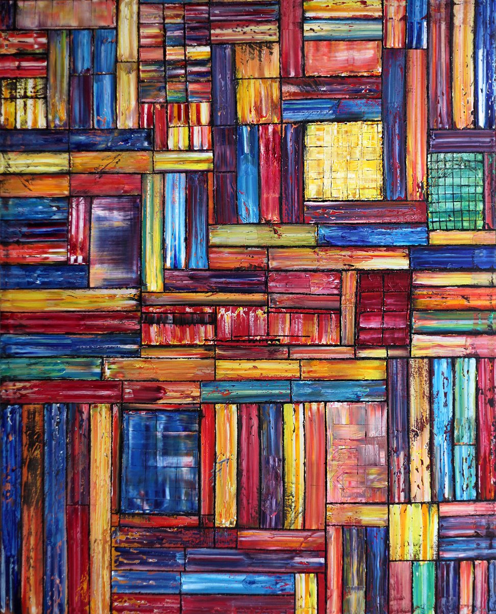 Geometric Abstract Oil Painting By Preston M. Smith (Pms), 48 X 60", "Stack Up", Original Artwork