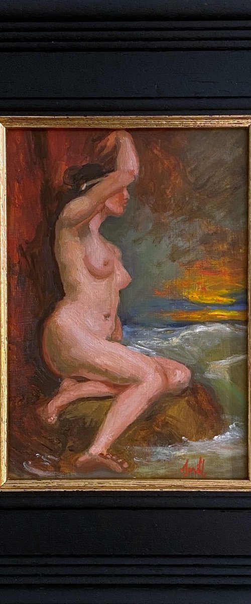 Old Master style female nude figure oil painting, with wooden frame. by Jackie Smith