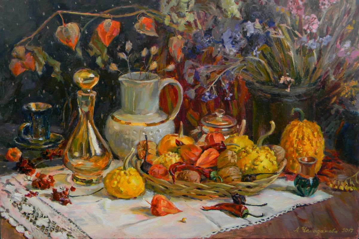 Still life with decorative pumpkins (60x40) by Liudmyla Chemodanova