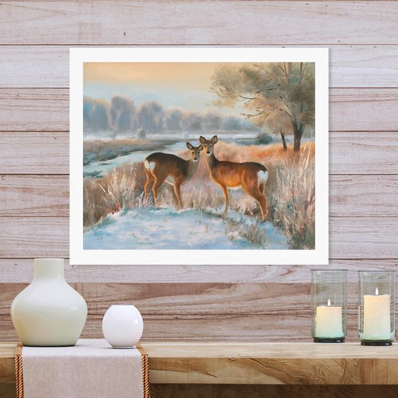 Snowy landscape with deer