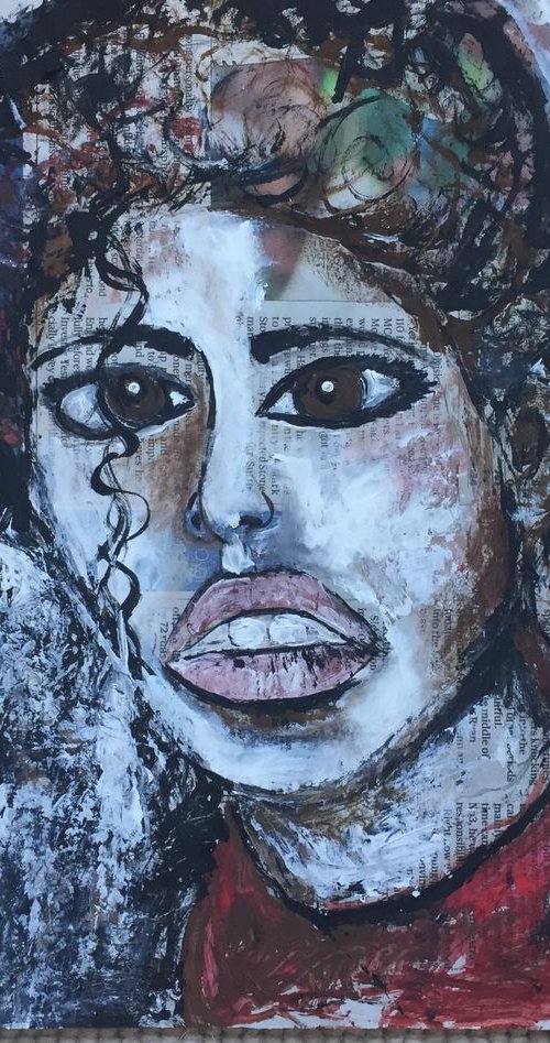 Girl in Red Art on Newspaper Face Art Woman Portrait Sexy Look 37x29cm Gift Ideas Original Art Modern Art Contemporary Painting Abstract Art For Sale Free Shipping by Kumi Muttu