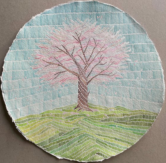 Round watercolor abstract illustration of blooming tree