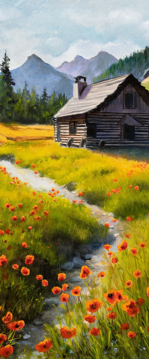 Mountain cabin scene with poppies by Lucia Verdejo