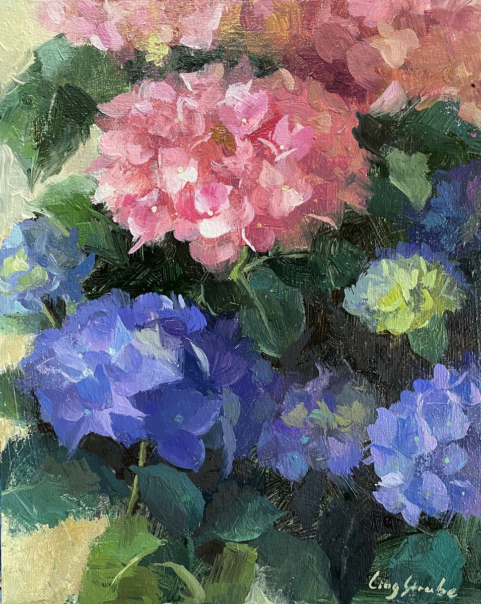 Impressionistic Botanical Oil Painting By Ling Strube, 9 X 12", Hydrangea Garden #3, Original Artwork