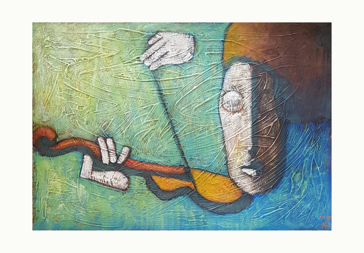 Surrealistic Portrait Acrylic Painting By Zhana Viel, 17 X 12", String-Less Violin Ii, Original Artwork