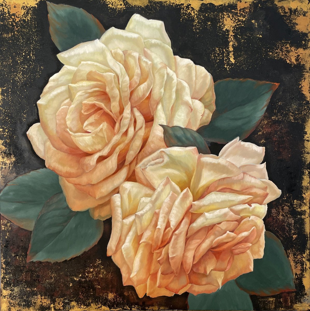 Photorealistic Botanical Oil Painting By Anna Reznikova, 47 X 47, Flemish Roses Duet, Original Artwork