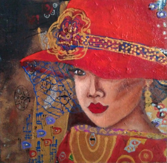 Monique, Woman Portrait Painting Original Girl in the Red Hat Wall Art Female Art Nouveau Style Artwork