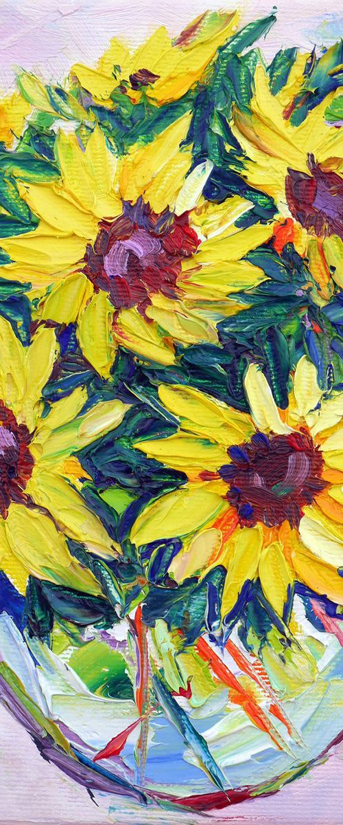 "Sunflowers in a glass" original oil floral painting on canvas, small wall decor, gift idea. by Tashe