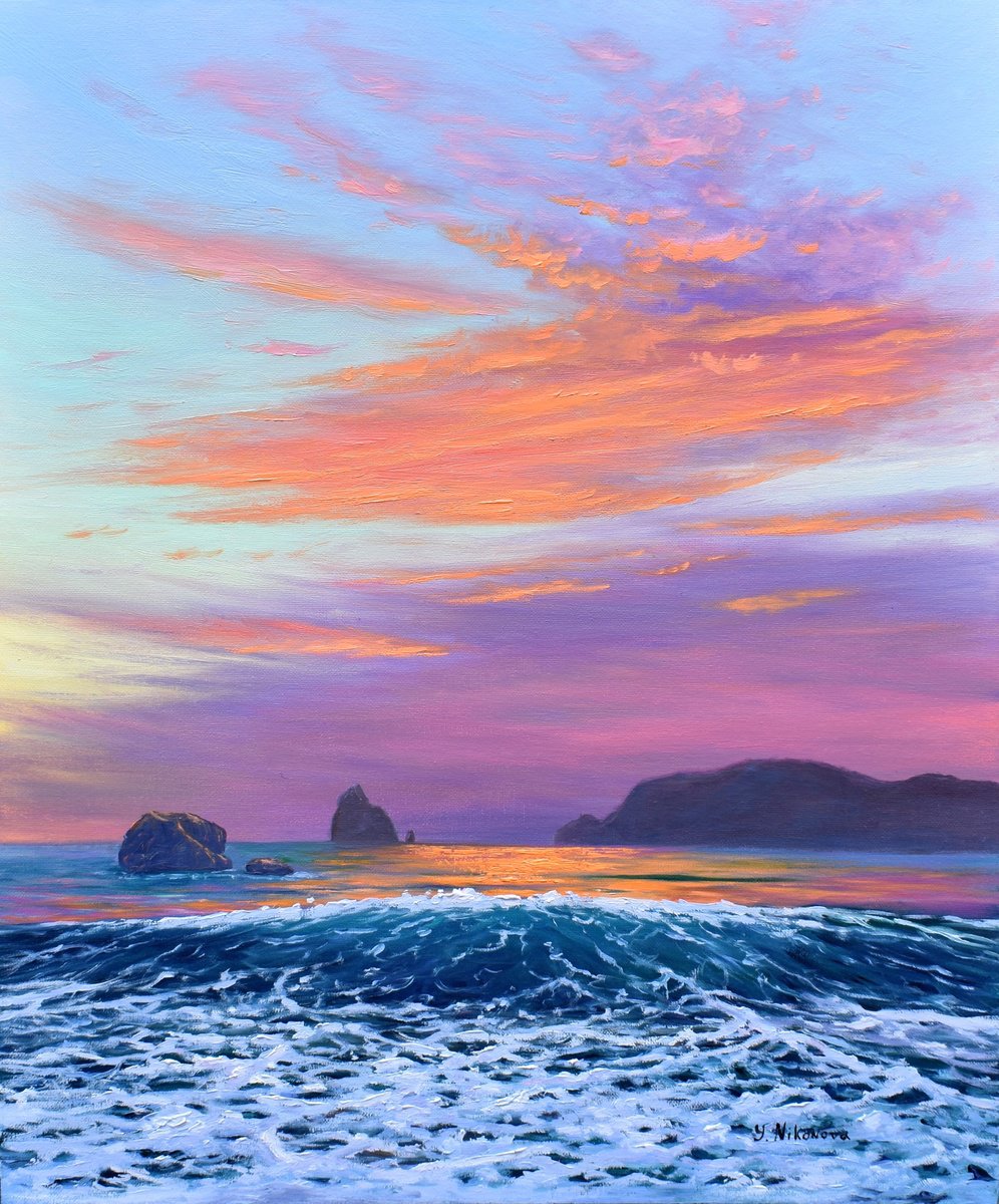 Impressionistic Landscape Oil Painting By Yulia Nikonova, 20 X 24", Evening By The Sea, Original Artwork