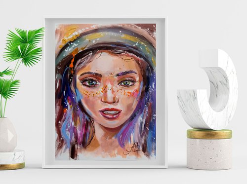 Colorful portrait with a girl. Original oil painting by Annet Loginova
