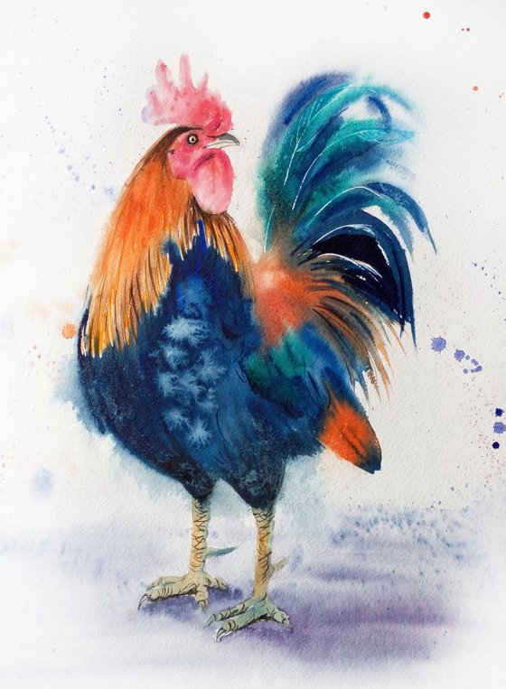 «The Boss» - rooster - country decor - farm art - bird art - rooster painting - farm decor - rooster watercolour - chicken watercolour