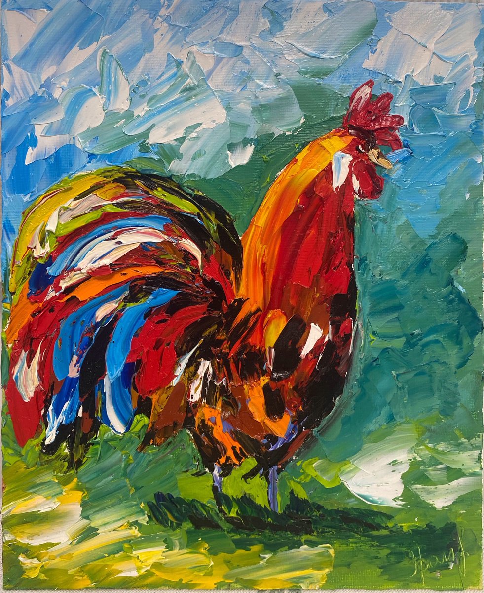 Impressionistic Animal Oil Painting By Oksana Fedorova, 9 X 12", Domestic Cock, Original Artwork
