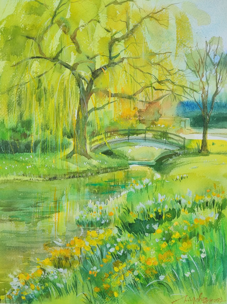 Impressionistic Landscape Watercolour By Jing Chen, 11 X 15, Spring Days 3, Original Artwork