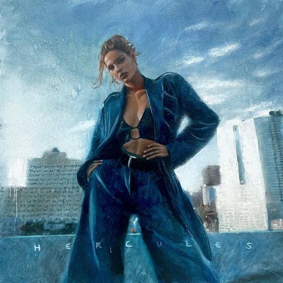 Boss babe, woman in blue suit city background