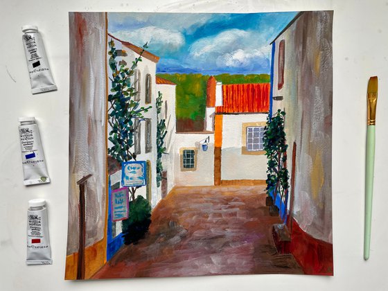 Portugal Original Gouache Painting, Europe Wall Art, Obidos Street Artwork, Travel Gift, Mediterranean Home Decor