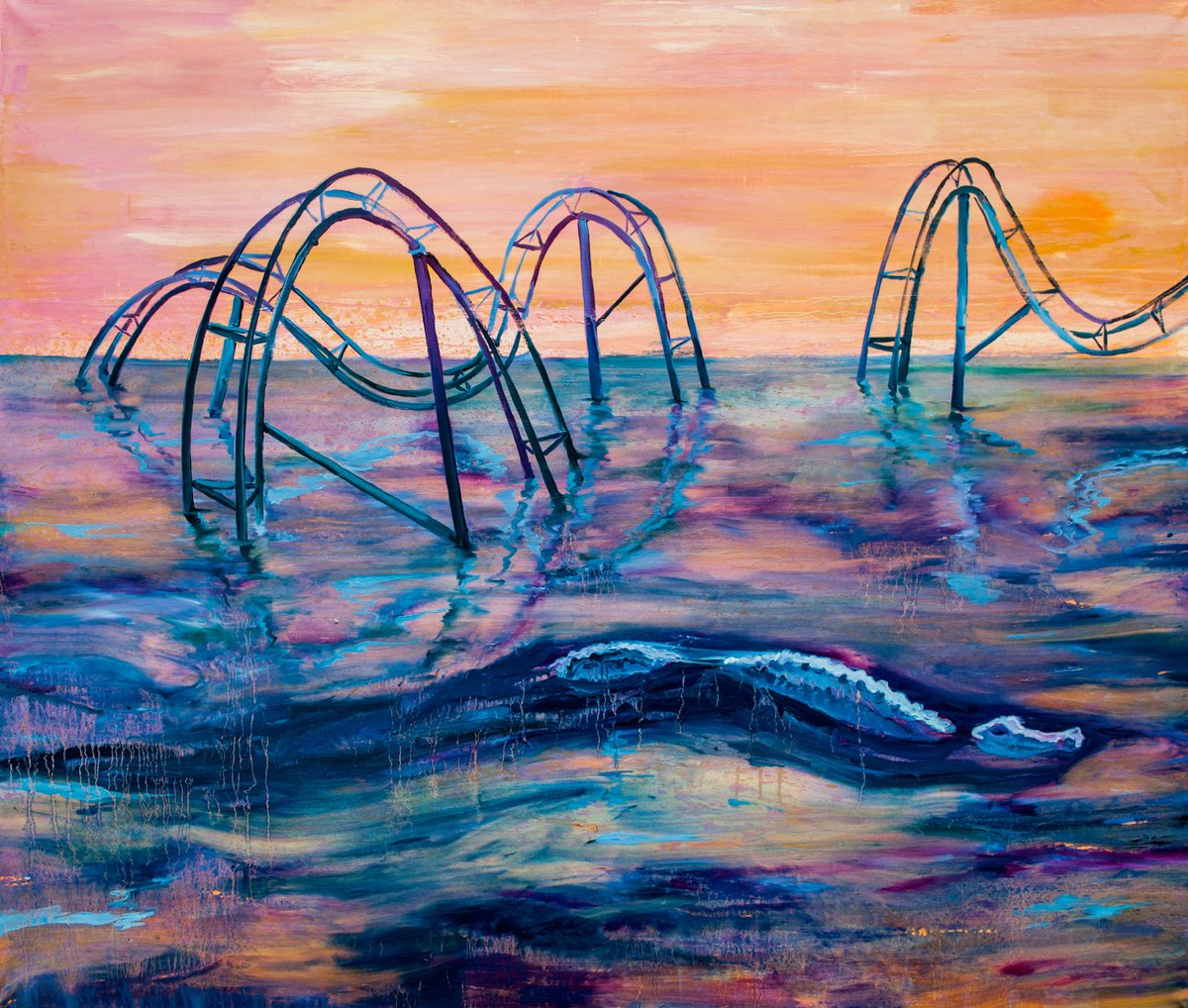 Surrealistic Landscape Oil Painting By Dominic Virtosu, 60 X 51, Rollercoaster, Original Artwork