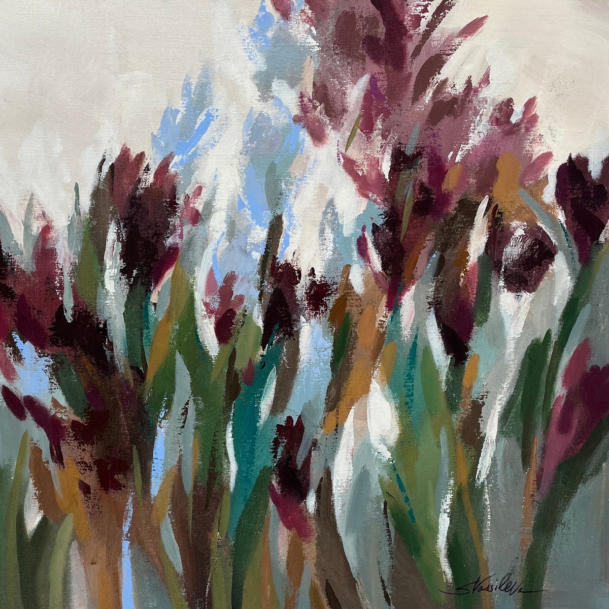 Expressive Botanical Acrylic Painting By Silvia Vassileva, 26 X 26", Vintage Garden, Original Artwork