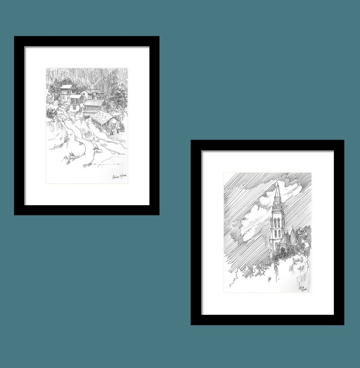 Illustrative Cityscapes Ink Drawing By Asha Shenoy, 7 X 10, Architectural Buildings - Set Of Two, Original Artwork