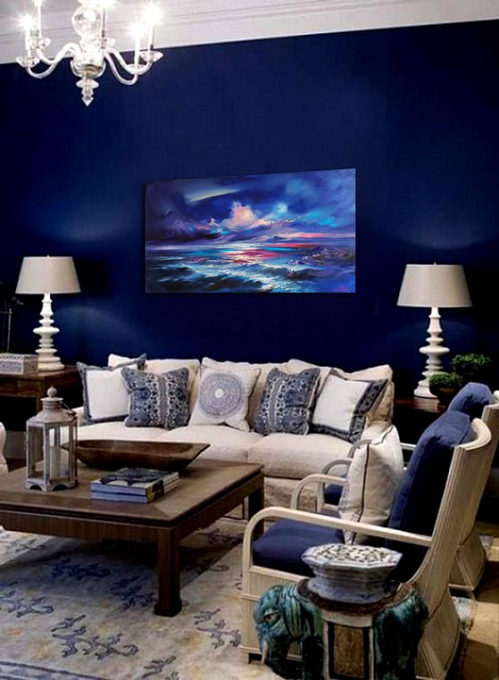 Blue Ocean - abstract oil painting, large original artwork