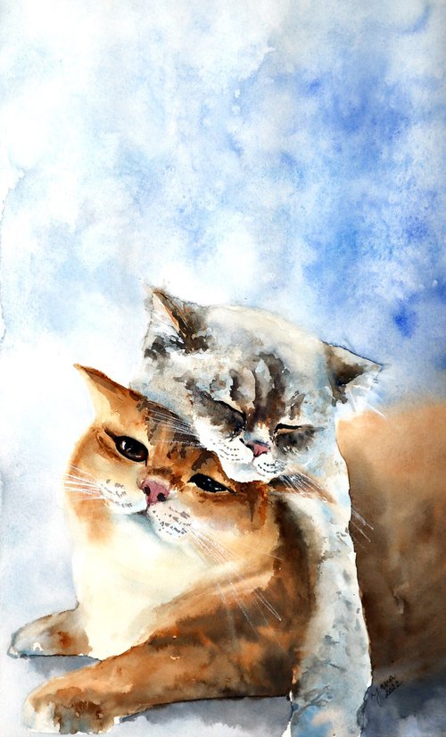 Sleepy Cats - Original Watercolor Painting by Yana Shvets