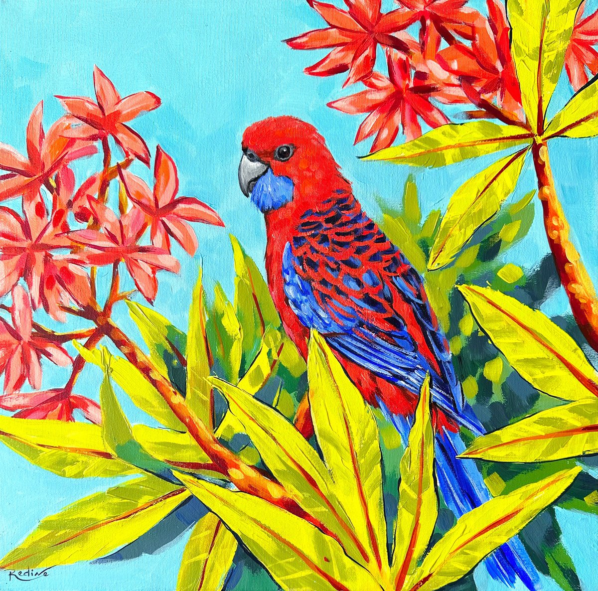 Impressionistic Animal Acrylic Painting By Irina Redine, 16 X 16, Crimson Rosella, Original Artwork