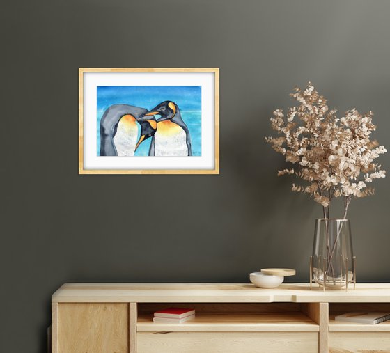 A couple of penguins. Birds of Antarctica. Original watercolor.