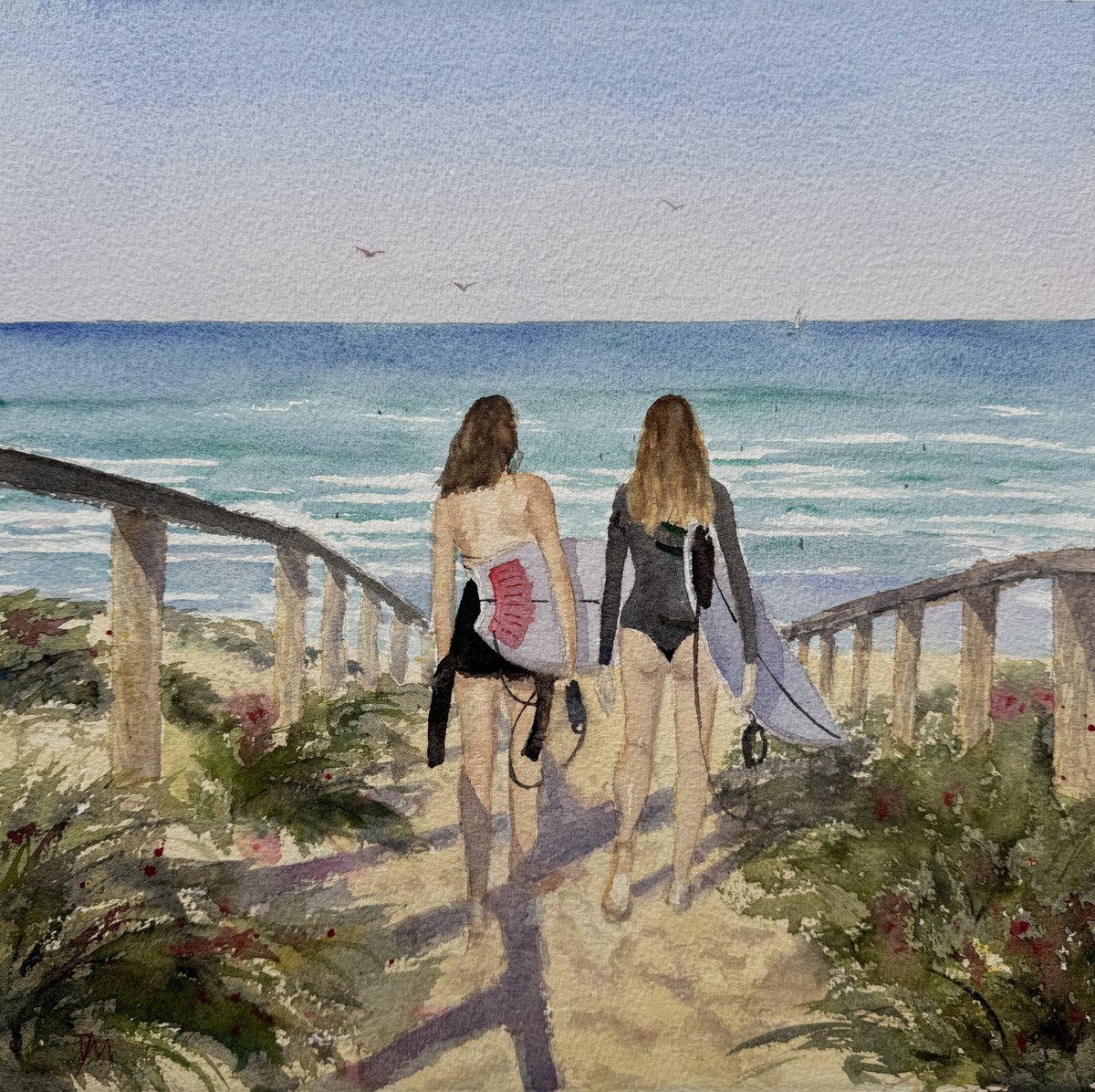 Impressionistic Landscape Watercolour By Shelly Du, 12 X 12", Afternoon Surfing, Original Artwork