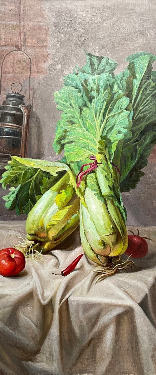 Still life:Chinese cabbages with kerosene lamp by Kunlong Wang