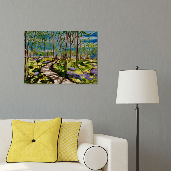 Spring in London park, sunny day sky yellow and purple bloom flowers meadow path trees Original MODERN landscape painting OFFICE DECOR