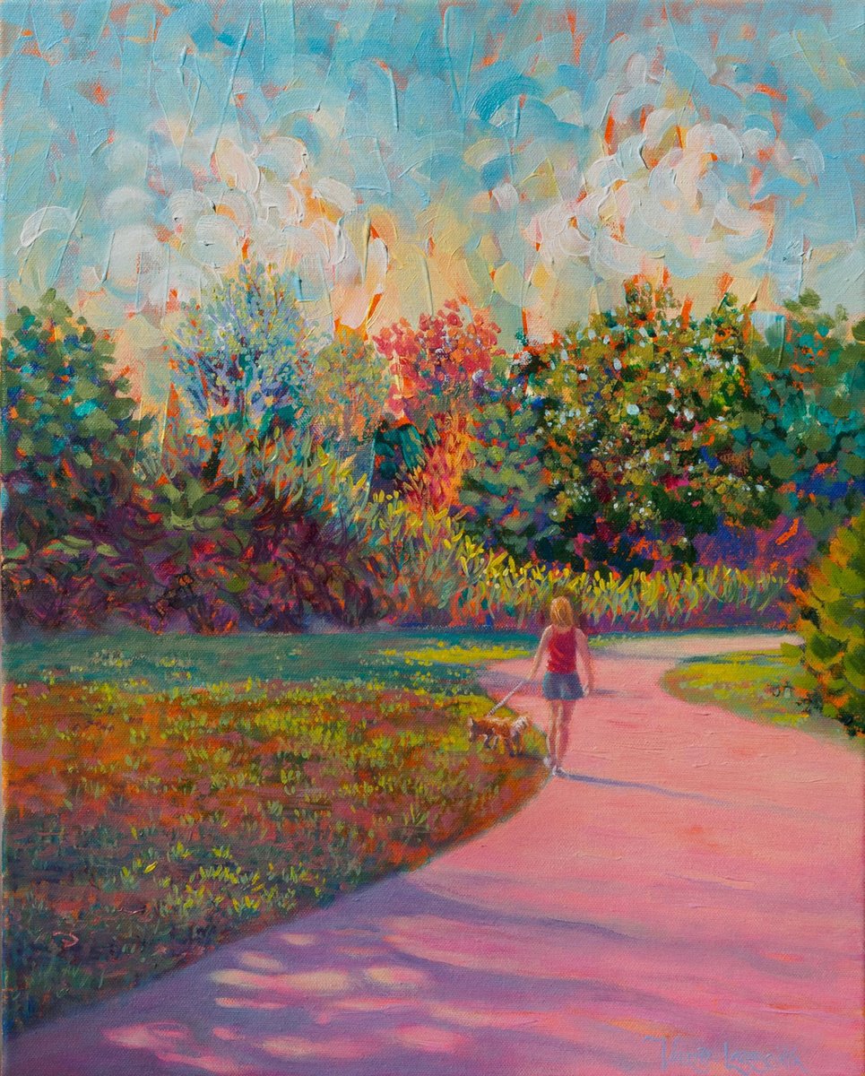 Impressionistic Landscape Painting By Gina Valenti-Lazarchik, 16 X 20, A Walk In The Park, Original Artwork