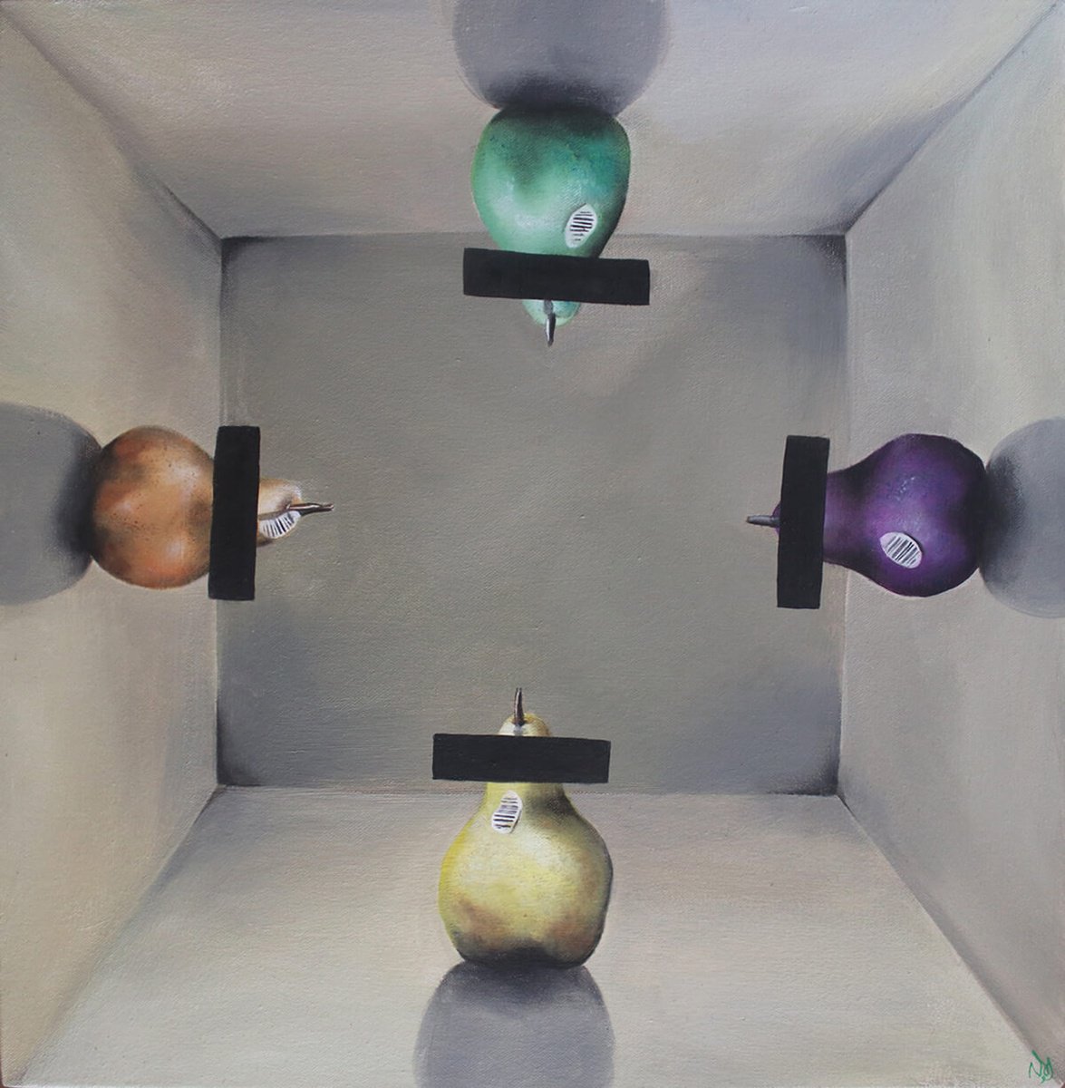 Surrealistic Still Life Oil Painting By Vanessa T Stefanova, 16 X 17", The Pear Shop, Original Artwork