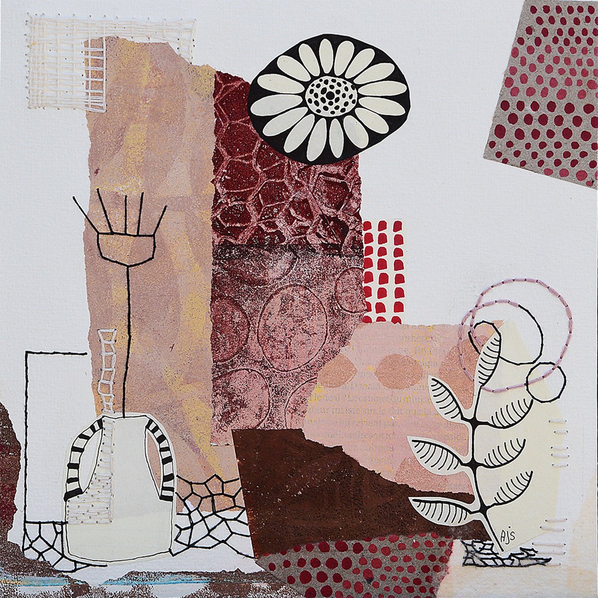 Surrealistic Botanical Collage By Armandine Js, 8 X 8, Paper Garden Pink, Original Artwork