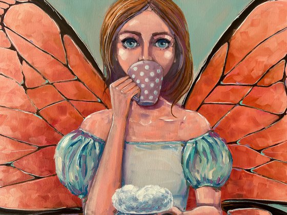 "She has wings". Original surrealistic oil painting. XXL