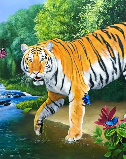 Tiger near the waterfall by Kakajan Charyyev