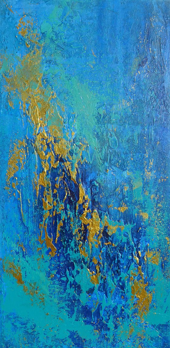 Large Blue and Gold Abstract Textured Painting. Modern Art on Canvas with Structures. Dyptych