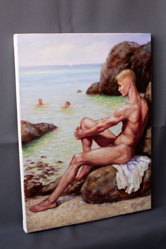 BATHERS - Nostalgic Seascape: Handmade Artwork, Original Painting Capturing a Beautiful Day by the Seashore with Three Friends.