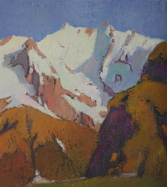 Snowy Mountains, Landscape oil painting, Impressionism, One of a kind, Signed, Hand Painted