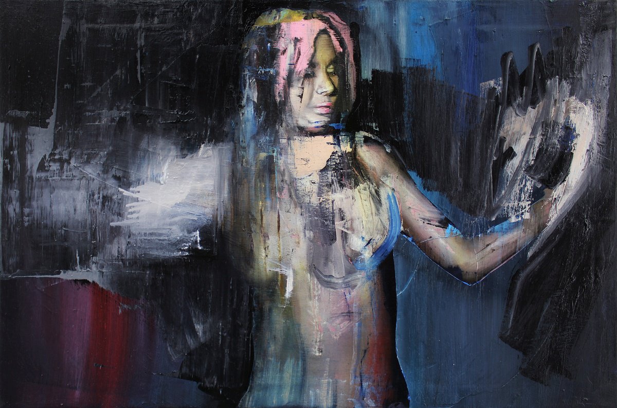 Expressive Portrait Oil Painting By Milos Hronec, 39 X 26", Complicated Self-Love, Original Artwork