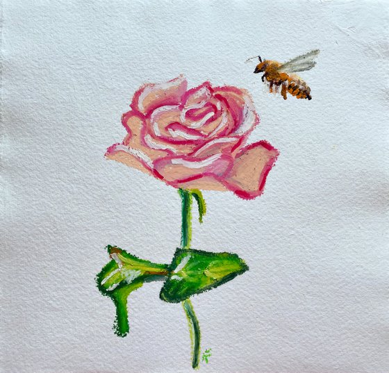 Rose Original Oil Pastel Painting, Bee Illustration, Valentines Day Gift for Her, Cottagecore Wall Art