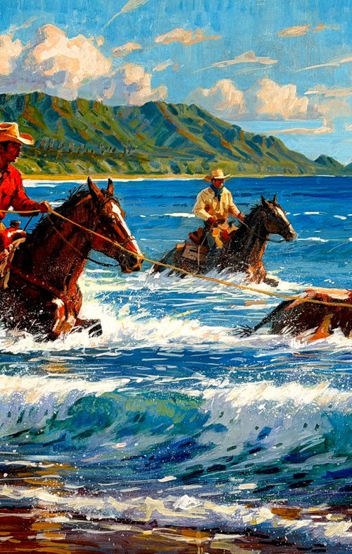 Paniolo — Cattle Through the Surf by Paul Cheng