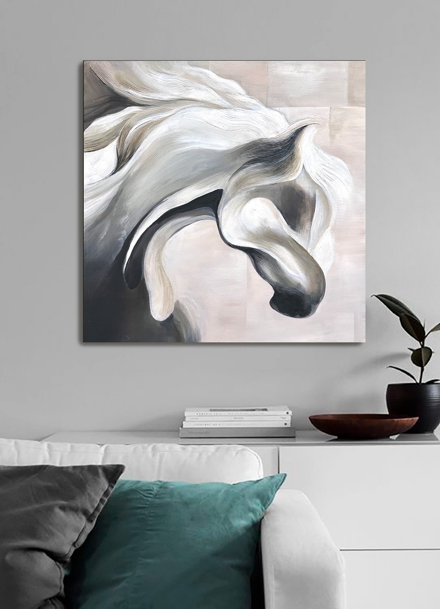 Abstract Animal Painting By Julia Shilo, 20 X 20", Grey And Beige Abstract Textured Horse, Original Artwork