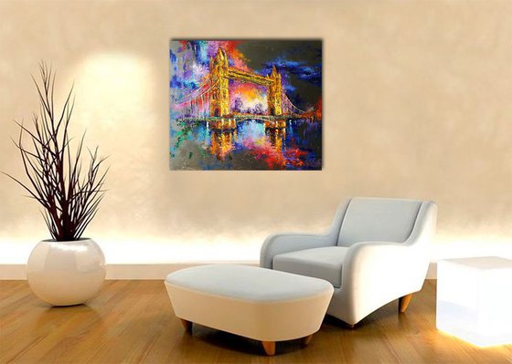 London - evening lights - oil original painting, abstract, palette knife