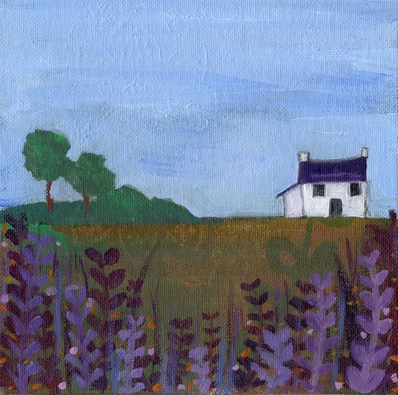 Original Small Art Cottages - Country Cottage with Purple Roof and Flowers