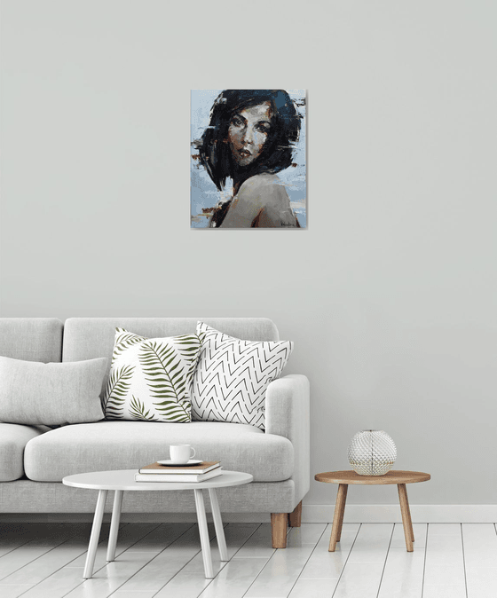 Black-haired woman portrait - Original oil painting 50 x 60 cm